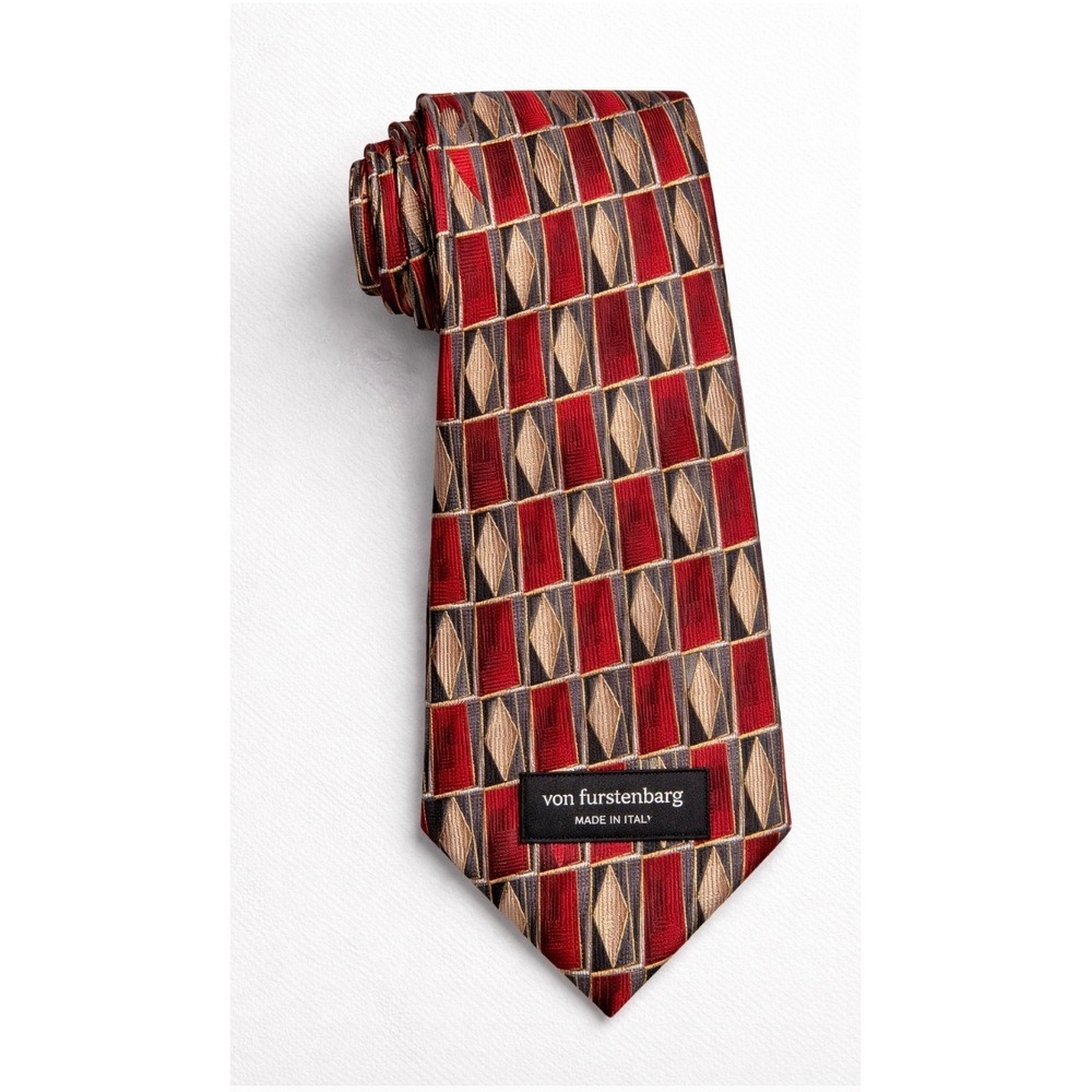 Von Furstenberg Mens 100% Silk Tie Red Gold Geometric Diamond Made in Italy Neck